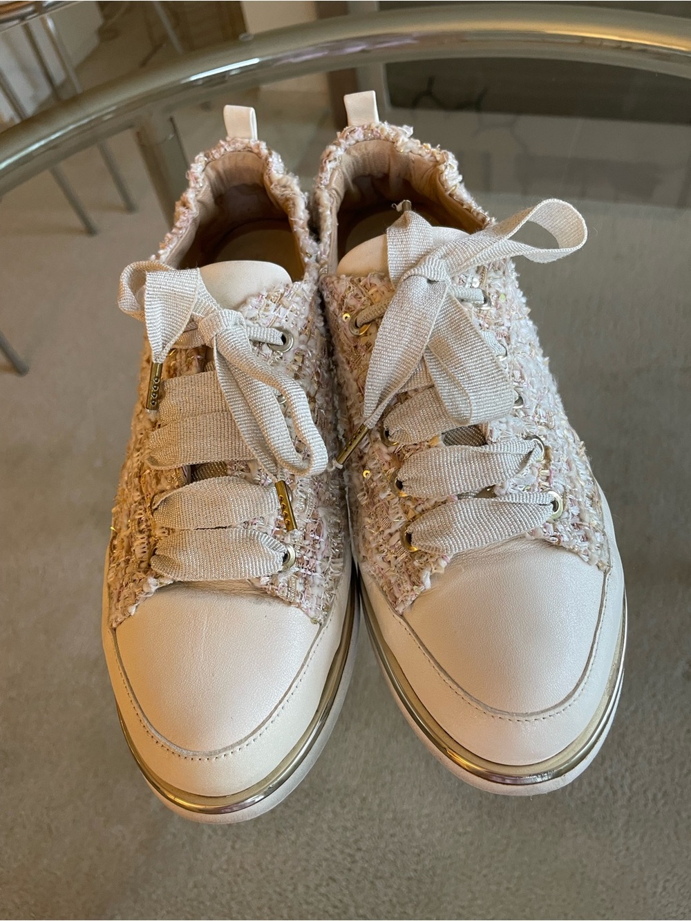 Womens Tweed Lace-Up Sneakers - Cream, Ron White, Italy. Size 7.5